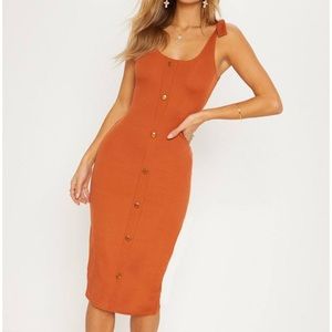 Burnt Orange Ribbed Tie Shoulder Dress